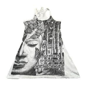 Womens Tank Top Tunic Medium Buddha Oversized White Racerback Boho Yoga Festival